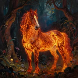 beautiful nightmare fire horse in a secret mythical garden, dramatic lighting, inspired by brom art, oil painting