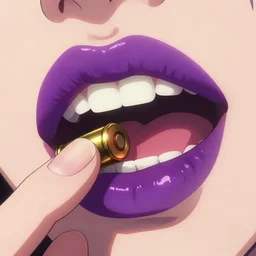 close up sexy lips of vampire teeth exposed holding a single 9 mm bullet. purple lipgloss shiny by rhads, makoto shinkai and lois van baarle, ilya kuvshinov, rossdraws global illumination