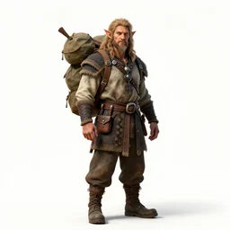 rugged goblin trader with pack, photorealistic portrait photography, full body, standing, isolated on a pure white background, centered, whole figure in frame, sharp focus, studio lighting