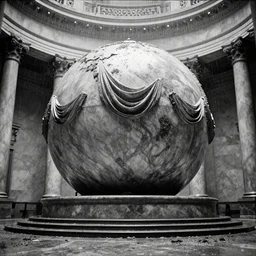 movie still of a big marble spherical hall with drapery and columns, cinestill 8 0 0 t black and white, by andrei tarkovsky, heavy grain, high quality, high detail, ultra wide lens, sharpness, flares, anamorphic, mud, rain