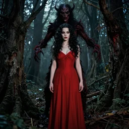 edmund dulac, full body, pretty alyson hannigan, evil dead demon, evil dead movie, red dress, symmetrical eyes, symmetrical face, long curly black hair, trees, forest, branches, cinematic lighting, evil dead creature, scary, blood