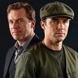 portrait close - up kevin mckidd ciaran murphy, olive green flat cap and waistcoat, dark, gta v cover!!