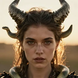 portrait of a woman with intense eyes. the woman has horns and snakes come out of her head, closeup, studio lighting, backlit, golden hour, trending on artstation, spectacular photo, popular photo