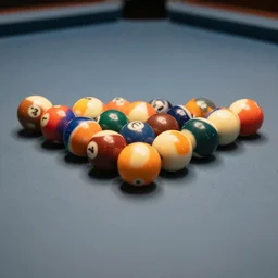 pool ball sized marbles on a pool table, close up view, photorealistic,