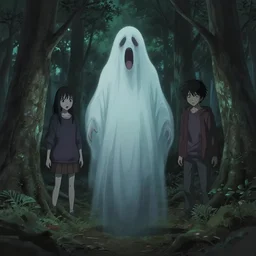 in the style of junji ito, audrey kawasaki, shinsui ito, transparent ghost screaming, full body, in the woods, moody lighting
