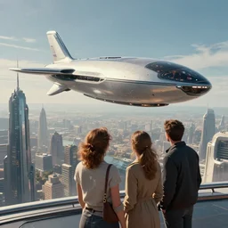 gorgeous sci fi imagery | landing spot | space and city flying craft | futuristic | beautiful couple in the foreground heading to their hovering transport | futurism | modern couple | futuristic cityscape in the background | medium angle | by john berkey, greg rutkowski, james gurney
