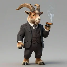 beautiful portrait commission of a male furry anthro mountain goat wearing a pinstripe suit and waistcoat, smoking a cigar, hooves!, award-winning character art, detailed, trending on artstation