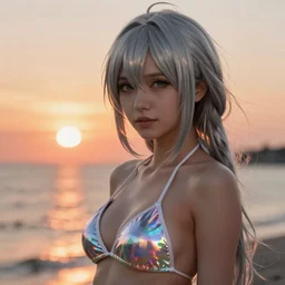 a highly detailed image of a silver haired girl wearing a bikini in the sunset, refracted lighting, sunset, backlit, unreal engine, greg rutkowski, nicoletta ceccoli, mark ryden, earl norem, lostfish, very detailed and beautiful face, wlop, 8 k resolution