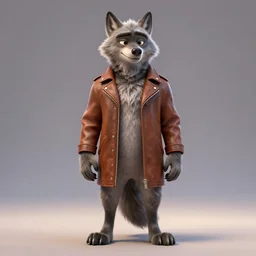 full body, 3d render , anthropomorphic wolf male , wearing along brown leather jacket , in the style of Zootopia