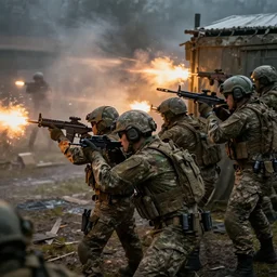 Modern German Bundeswehr squad in full gear aiming aiming aiming their weapons and shooting shooting shooting shooting at enemy forces from behind cover, cinematic lighting, front lighting, 4k, warfare, by Greg Rutkowski, combat, intense, muzzle flash, gunfire