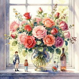 a beautiful insanely intricate watercolor illustration of modern rose still life in the windows, colorfull, by william turner art, by greg rutkowski, by james jean, by rossdraws, by frank franzzeta, by sakimichan, by edmund dulac, trending on artstation, insanely detailed, masterpiece,