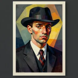 a poster of a gangster in a suit and tie, a character portrait by tom whalen, behance contest winner, de stijl, cubism, poster art, angular