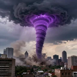 beautiful purple tornado wreaking havoc in a city