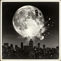vintage photo still of the moon!!!! exploding!!!! exploding moon moon explosion fragments on one side moon explosion over new york city in the 1 9 2 0 s, black and white, weathered, edge vignette