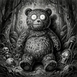 grunge drawing of a bear voodoo doll by - rick and morty , loony toons style, horror themed, detailed, elegant, intricate