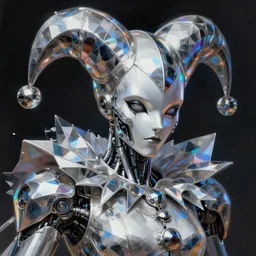 closeup of court jester, cyberpunk art concept, holographic metallic fluid polygonal shards, ultrafine detailed painting by cedric seaut android jones artgerm greg rutkowski gustave dore, cgsociety, intricate platinum cyborg bionic futurism fantasy art angular trending on zbrush central darksynth sharp focus 8 5 mm f 1. 8 ray tracing