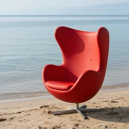 red wingback egg chair on the edge of the water at the beach