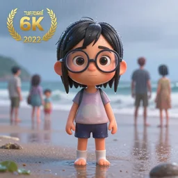 A young girl with glasses in a rainy beach, she is wet, designed by Peter Andrew Jones and Pixar, photorealistic, 3d render, award winning render, unreal engine, octane render, studio lighting, 8k, hd, Dustin Nguyen, Akihiko Yoshida, Greg Tocchini, Greg Rutkowski, Cliff Chiang