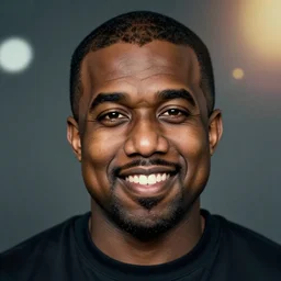 colour mugshot of the face of old and very obese kanye west at 9 0 years old, smiling into the camera. cinematic lighting, ray tracing, octane render, long lens, shallow depth of field, bokeh, anamorphic lens flare, 8 k, hyper detailed, 3 5 mm film grain
