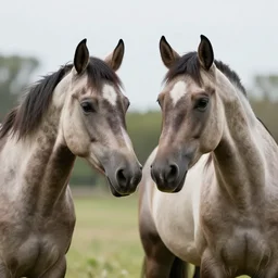 ultra realistic photograph of two horses with the same body, siamese