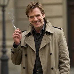 super detailed and photorealistic film still of paul blackthorne as harry dresden posing as a charismatic smiling thief, with a light brown trench coat and a cigarette, in dresden files movie 4 k