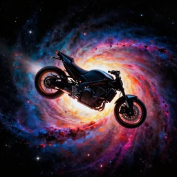 a beautiful artwork illustration, a motorcycle flying through a galactic nebula, high contrast, high contrast, high contrast, vibrant colors, vivid colors, high saturation, by Greg Rutkowski and Jesper Ejsing and Raymond Swanland, featured on artstation, wide angle, vertical orientation