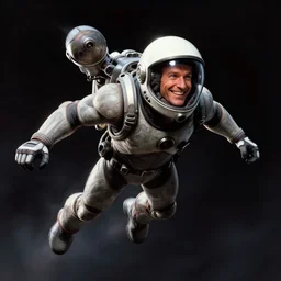 flying human smiling in suit with conic helmet and jetpacks attached to arms and legs, against dark background, fluid, smooth, organic, crazy, high contrast, sharpness, dramatic, by greg rutkowski and siudmak and richard corben and moebius
