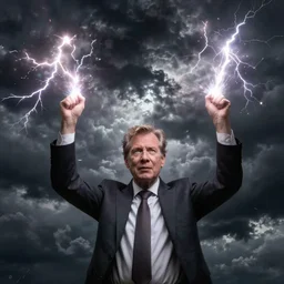 geert wilders, raising both hands, emitting lightning bolts, dramatic lighting, dark clouds, sinister