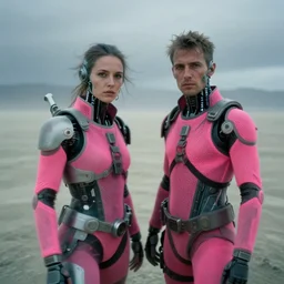 cinestill hasselblad 2 0 0 mm, f 1. 2, extreme motion blur, candid photographic portrait by robert capas of 2 cyborgs wearing rugged neon pink mesh techwear in treacherous waters, burning man nevada, modern cyberpunk moody depressing cinematic, desert storm, ultra realistic faces, ex machina