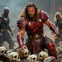 closeup portrait of jason momoa conan the barbarian thor fighting zombies on a huge pile of skulls in dystopian battlefield, wearing royal crimson fantasy ornate spartan dragon scale armor, volumetric lighting, wet skin and hair, muscular!!!, battle action pose, frank frazetta, boris vallejo, greg rutkowski, beautiful cinematic light, low angle, frank miller, ridley scott, high contrast