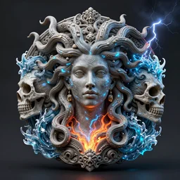 3 d ornate carved medusa with profile portrait, sigma 5 0 0 mm f / 5. beautiful intricate highly detailed quetzalcoatl skull. bioluminescent, plasma, lava, ice, water, wind, creature, thunderstorm! artwork by tooth wu and wlop and beeple and greg rutkowski, 8 k trending on artstation