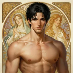 painted portrait of gon freecs, hunter hunter, hunterpedia, madonna, black hair, masculine, mature, handsome, upper body, muscular, fantasy, intricate, elegant, highly detailed, digital painting, artstation, concept art, smooth, sharp focus, illustration, art by gaston bussiere and alphonse mucha