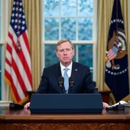 President Gabe Newell, president of the United States, gives an emergency presidential address from the oval office, sitting behind the resolute desk, serious, somber, determined