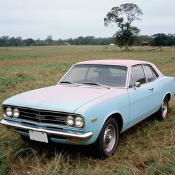 A photograph of a beater faded Powder Blue Dodge Aspen (1976) in a farm field, photo taken in 1989