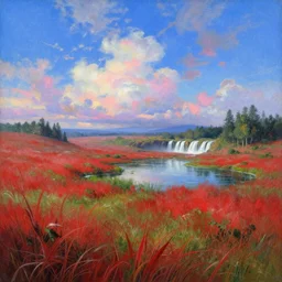 a fantasy meadow with pond and waterfall in the distance, patches of red grass, blue sky with colorful clouds, by stephan martiniere and andreas rocha and greg rutkowski