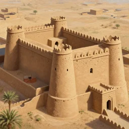 high quality painting of a fortress in mali made of mud bricks, very detailed, crusader kings 3, digital art.