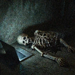screencap from award winning indie psychological thriller, dark trash filled basement, concrete floor, light illuminating from laptop, withered boney husk with black liquid spilling from mouth lays on floor, disturbing, ominous, lynchian