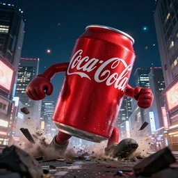 A beautiful wide shot of an enormous anthropomorphic can of Coca-Cola that is rampaging, destroying the night city of Tokyo, cinematic, anamorphic 35 mm lens, cinematic, anamorphic lens flares 4k