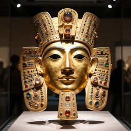 traditional gold aztec mask with studded inlay jewels in a museum with spot lights, realistic, photography, photojournalism, national geographic photoshoot