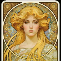 head-on symmetrical centered painted portrait, warrior princess, voluminous blonde hair, art nouveau, fractal tarot card style, masterpiece, fantasy, intricate, elegant, highly detailed, smooth, sharp focus, illustration, artstation, in the style of Artgerm and Anna Podedworna and Alex Ross and Mucha