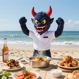 4 5 mm 1 9 8 7 cooking food photography of an corporate mascot at a beach summoning a demon mirror, photography by tyler mitchell johfra bosschart