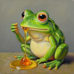 pepe frog eating honey, surrealism, oil and acrylic on canvas, high detail
