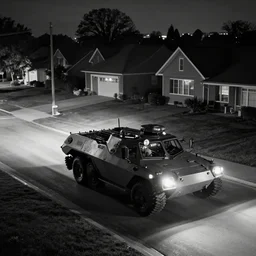 cctv footage of a btr driving past a suburban neighbhoorhood, realistic, highly detailed, black and white, at night, taken on a security cctv camera.