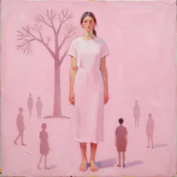 _ in _ these _ paintings _ we _ see _ a _ big and tall _ woman in a busy void space with a tree, 8 k, realistic, in the style of ben quilty, edward hooper, minimal pink palette, medium shot, studio light, thick oil paint with brushstrokes of paint, impasto, bright, happy detailed,