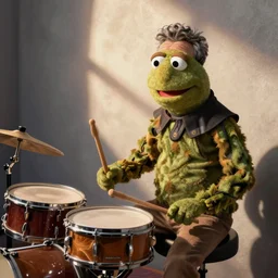 Phil Collins as a Muppet, playing drums,