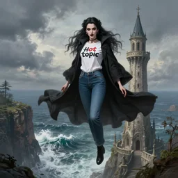 a hyperdetailed matte painting of yennefer as a goth vampire princess floating high in the air in front of a tower, dressed in a contemporary t shirt and jeans from hot topic, overlooking cliffs and crashing waves in the background, highly detailed, deep focus, elegant, digital painting, sharp focus, ultra realistic, 8 k, art by greg rutkowski and rembrandt and alphonse mucha, ultrawide lens