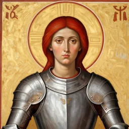 a woman with red short hair, red hair, wearing a medieval armor, a halo on her head, holy saint, holy ichonography, catholic fresco