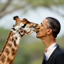 a giraffe kissing obama, 3 5 mm photograph