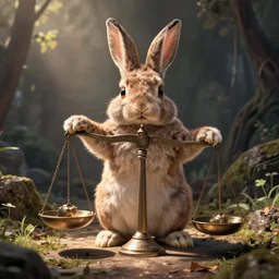 anthro rabbit fairly weighing things with a balance scale, fantasy art on artstation