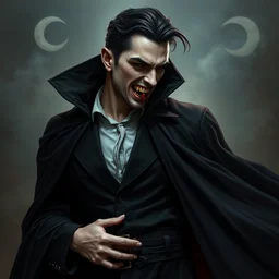 a male vampire, full body black robe, blood in his teeth, majesty, coolness, stylish, style of james ryman